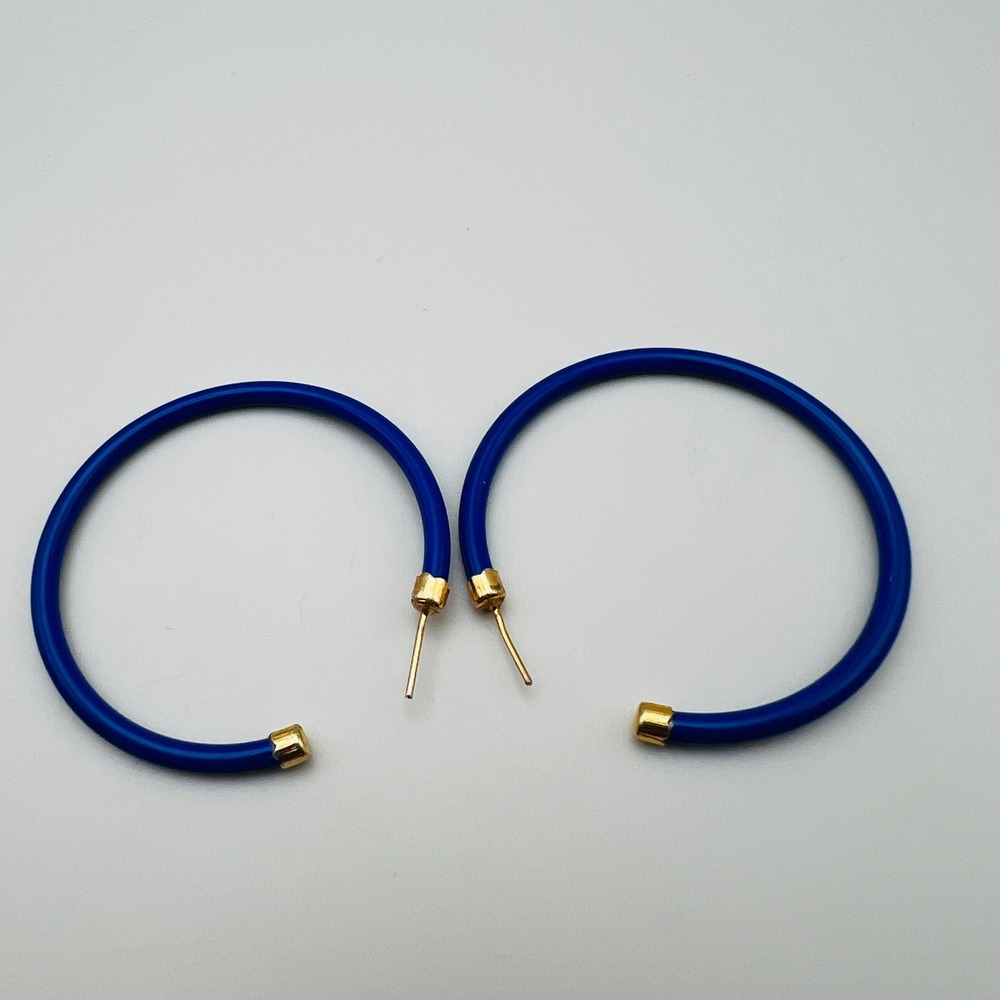 Vintage Cobalt Blue Glass Hoop Earrings Gold Tone Pierced Post Back